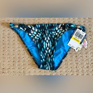 NWT BECCA Teal & Black Patterned Bikini Bottom w/ chunky silver beads, Sz M